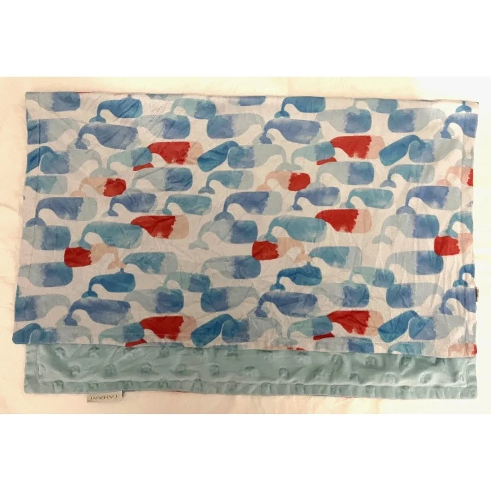 Tahari Whale Baby Blanket Raised Stars Blue Pink White Security Lovey 30x40 htf